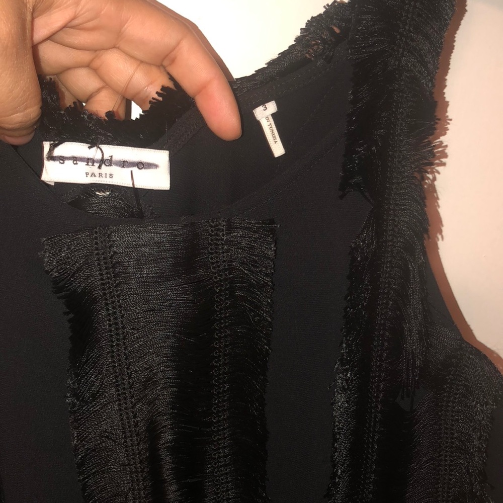 Black Sandro Rogee Fringe Dress Size 3/L - Picture 5 of 6
